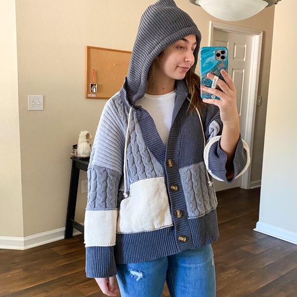 (VICI) gray cream colorblock patchwork knit cardigan jacket - Picture 10 of 13